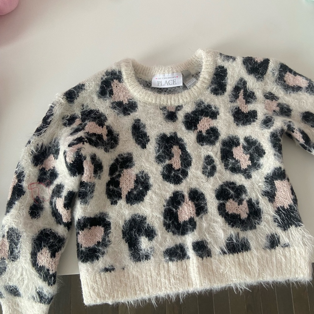 The Children's Place Cream and Black Crew Neck Sweater with Leopard Print
